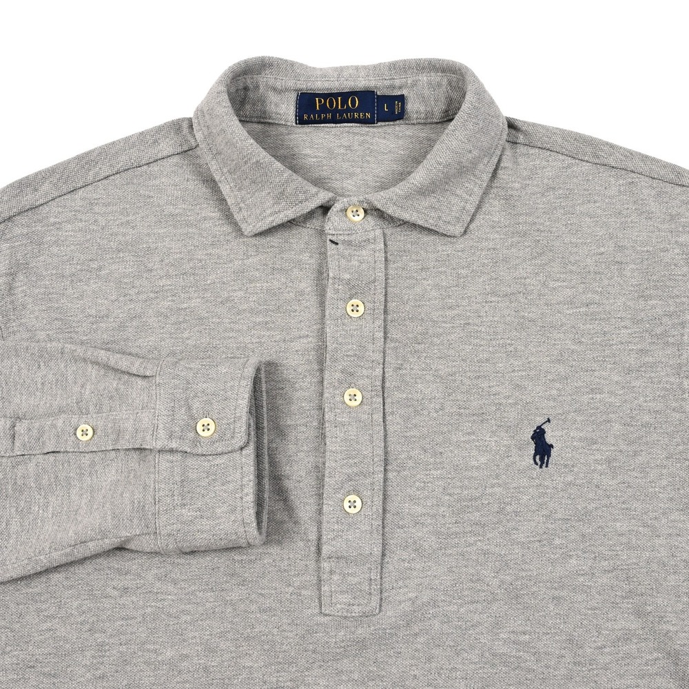 Polo Ralph Lauren Minimalist Men's Large Grey Mesh Long Sleeve Polo Shirt Preppy